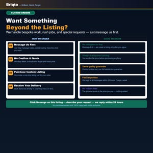 May include: An informational graphic for Briqta titled Want Something Beyond the Listing? It outlines a four-step process for custom orders, including messaging, quoting, purchasing, and delivery, alongside a section detailing good to know policies.