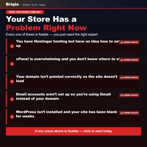 May include: A dark-themed digital graphic with the Briqta logo and the headline Your Store Has a Problem Right Now. It lists five common technical issues with red x icons and Losing Sales badges, ending with a red button labeled Every issue above is fixable &mdash; click to start today.