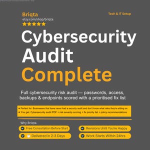 Könnte beinhalten: Eine dunkelgraue digitale Grafik für einen Cybersicherheits-Audit-Service von Briqta. Der Text lautet Cybersecurity Audit Complete und beschreibt ein vollständiges Risikoscreening von Passwörtern, Zugriffen, Backups und Endpunkten mit einer priorisierten Fehlerliste.