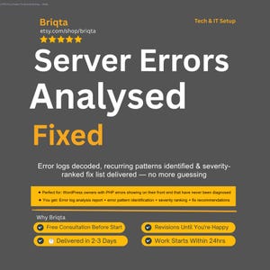 Puede incluir: Un gráfico informativo gris oscuro para servicios técnicos de Briqta titulado Server Errors Analysed Fixed. Describe un servicio para decodificar registros de errores, identificar patrones y proporcionar una lista de soluciones clasificadas por gravedad.