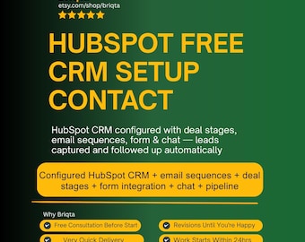 Configuración de HubSpot CRM, propiedades de contacto, embudo de ventas, secuencias de correo electrónico, widget de chat, servicio de configuración de CRM gratuito.