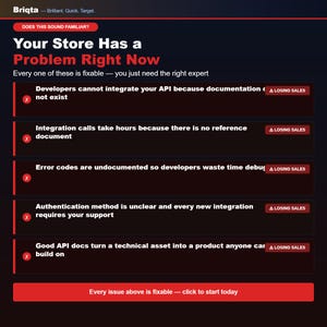 May include: A dark-themed informational graphic from Briqta titled Your Store Has a Problem Right Now. It lists five common API documentation issues, each marked with a red X and a Losing Sales badge, followed by a red button to start today.