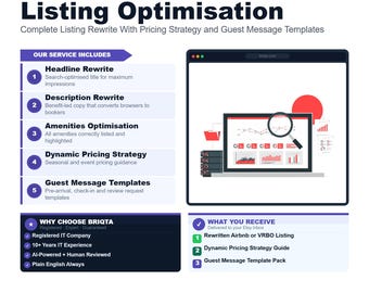 Ottimizzazione dell'annuncio su Airbnb e VRBO, riscrittura completa, strategia di prezzo, modelli di messaggi per gli ospiti, SEO per case vacanza.