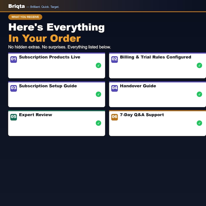 Pu&ograve; includere: Un grafico informativo blu scuro intitolato Here's Everything In Your Order di Briqta. Elenca sei servizi numerati: Subscription Products Live, Billing & Trial Rules Configured, Subscription Setup Guide, Handover Guide, Expert Review e 7-Day Q&A Support, ciascuno contrassegnato da un segno di spunta verde.