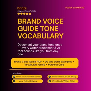 Brand Voice Guide Document, Brand Tone Guidelines, Vocabulary Guide, Brand Persona Definition, Professional Brand Standards