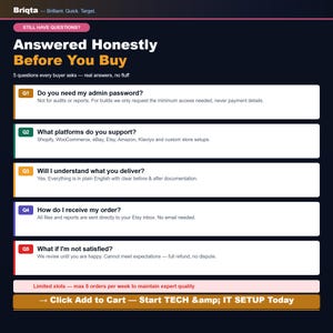 May include: A dark blue informational graphic titled Answered Honestly Before You Buy, featuring five numbered questions and answers regarding service details, platform support, delivery methods, and satisfaction policies, ending with a call to action.