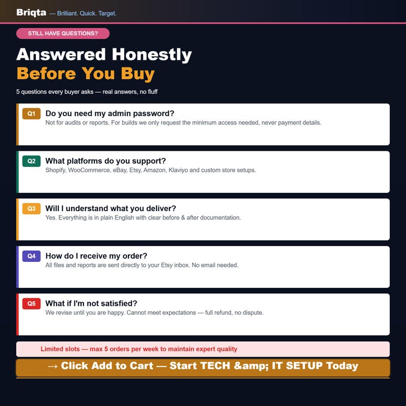 May include: A dark blue informational graphic titled Answered Honestly Before You Buy, featuring five numbered questions and answers regarding service details, platform support, delivery methods, and satisfaction policies, ending with a call to action.
