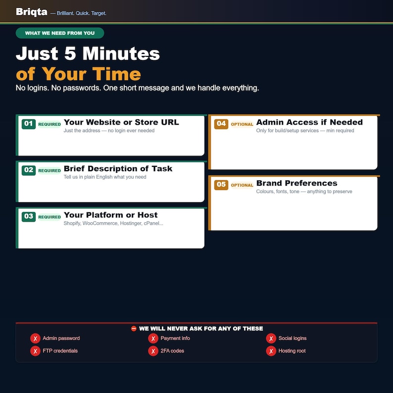 May include: A dark blue informational graphic titled Briqta, listing five requirements for service: website URL, task description, platform, admin access, and brand preferences. It includes a section stating they never ask for passwords or payment info.