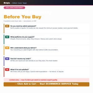 Może przedstawiać: Grafika informacyjna zatytułowana Briqta Before You Buy zawierająca pięć często zadawanych pytań dotyczących usług e-commerce. Tekst wymienia pytania od Q1 do Q5 wraz z odpowiedziami dotyczącymi haseł administratora, platform, dostawy i zasad satysfakcji.