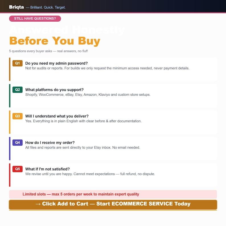 Może przedstawiać: Grafika informacyjna zatytułowana Briqta Before You Buy zawierająca pięć często zadawanych pytań dotyczących usług e-commerce. Tekst wymienia pytania od Q1 do Q5 wraz z odpowiedziami dotyczącymi haseł administratora, platform, dostawy i zasad satysfakcji.