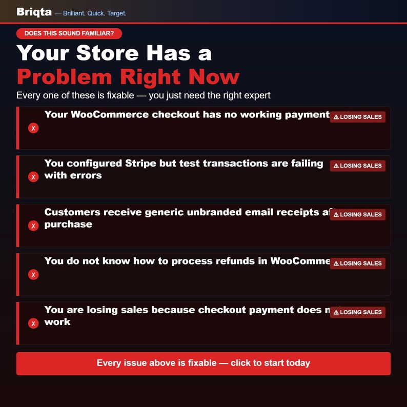 May include: A dark-themed informational graphic with white and red text titled Your Store Has a Problem Right Now. It lists five common e-commerce issues marked with red x icons and Losing Sales badges, ending with a red button stating Every issue above is fixable.