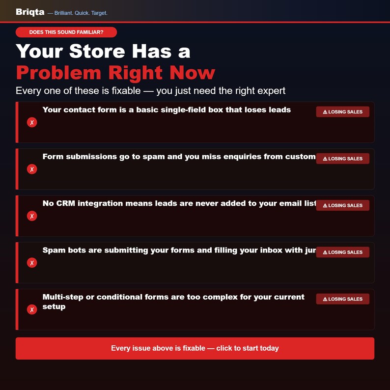May include: A dark-themed digital graphic titled Your Store Has a Problem Right Now, listing five common business issues with red X icons and Losing Sales labels, ending with a red button stating Every issue above is fixable &mdash; click to start today.