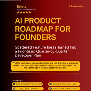 Hoja de ruta de productos de IA para fundadores, priorización de funcionalidades, hoja de ruta de desarrollo, estrategia tecnológica, servicio de planificación de productos.