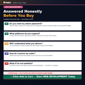 May include: A dark blue informational graphic titled Answered Honestly Before You Buy by Briqta. It lists five frequently asked questions regarding admin passwords, platform support, delivery, and satisfaction, ending with a call to action button.