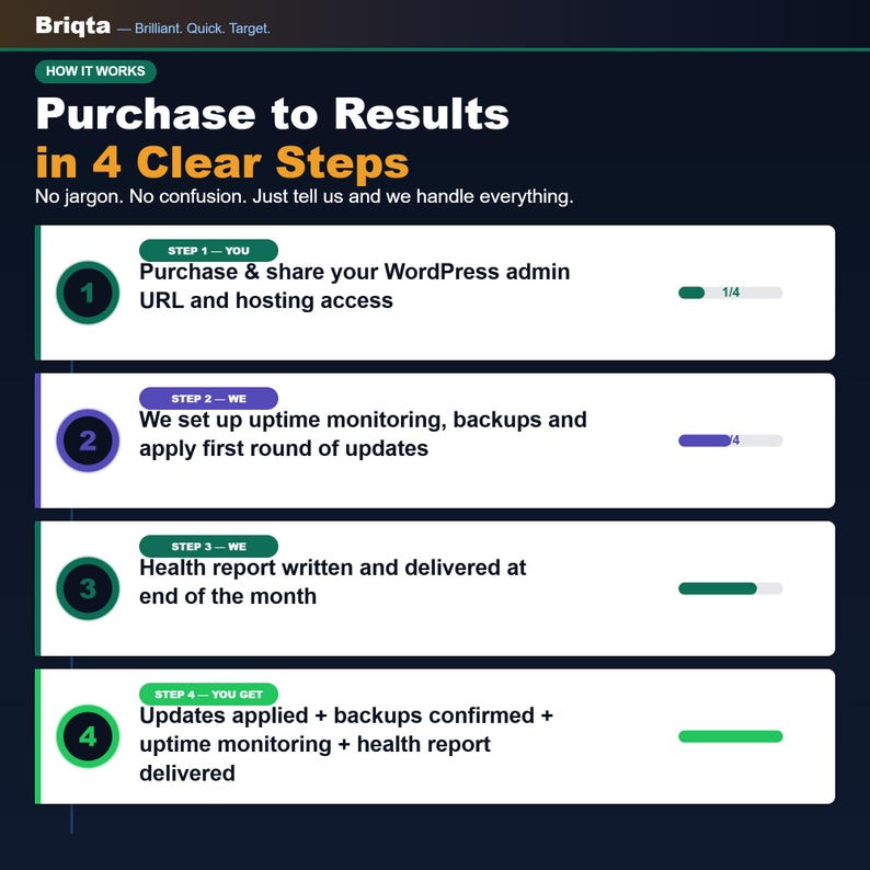 May include: An infographic titled Purchase to Results in 4 Clear Steps by Briqta. It outlines a four-step process: sharing WordPress credentials, setting up monitoring and updates, receiving a monthly health report, and final confirmation.