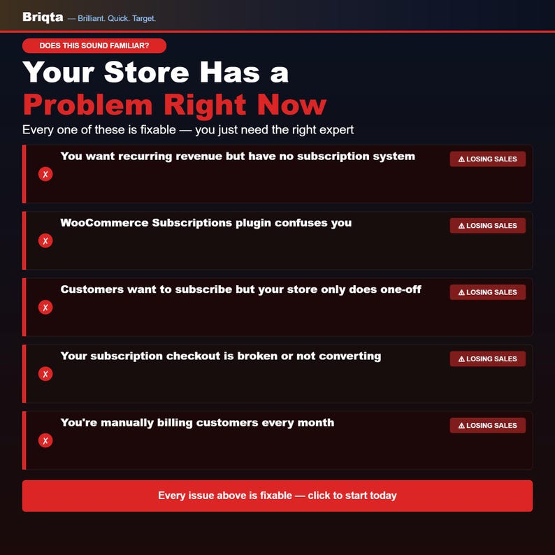 Pu&ograve; includere: Un'infografica a tema scuro intitolata Your Store Has a Problem Right Now, che elenca cinque problemi comuni relativi agli abbonamenti e-commerce. Ogni punto presenta un'icona X rossa e un pulsante Losing Sales, terminando con un pulsante rosso con la scritta Every issue above is fixable &mdash; click to start today.