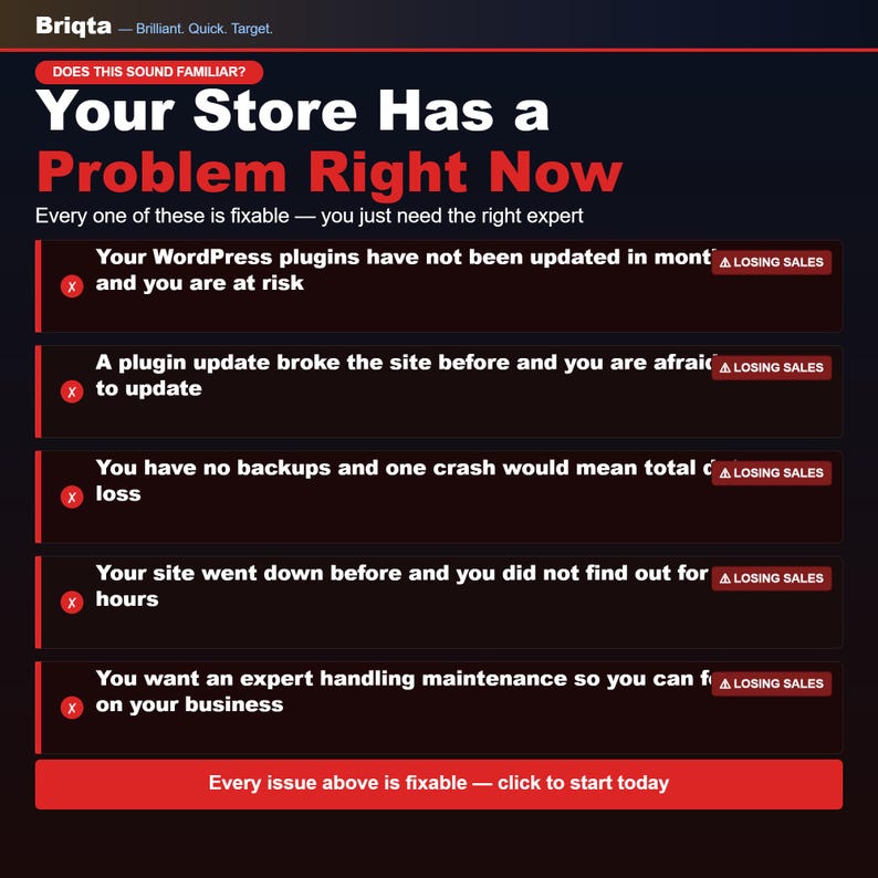 May include: A dark-themed infographic titled Briqta: Your Store Has a Problem Right Now. It lists five common e-commerce issues, each marked with a red X and a Losing Sales badge, including outdated plugins, update fears, lack of backups, downtime, and maintenance needs.