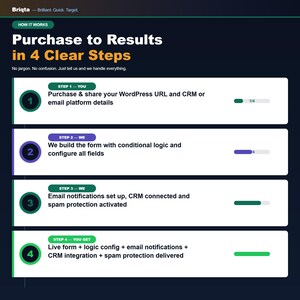 May include: An infographic titled Purchase to Results in 4 Clear Steps by Briqta. It outlines a four-step process for WordPress form integration, including purchasing, building forms with conditional logic, setting up notifications, and final delivery.