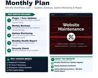 WordPress Maintenance Monthly, Website Care Plan, Updates Backups Security, Monthly Report, Uptime Monitoring, WP Support