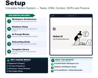 Notion AI Workspace Setup, Complete Notion System, Tasks CRM Content SOPs Finance, Custom Notion Dashboard, Notion Templates
