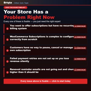 May include: A dark infographic titled Briqta with the text Your Store Has a Problem Right Now. It lists five common e-commerce subscription issues, each marked with a red X and a Losing Sales badge, ending with a red button labeled Every issue above is fixable &mdash; click to start today.