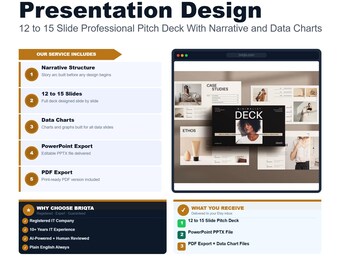 Pitch Deck Design, Professional Investor Presentation, 12-15 Slides, Data Charts, Narrative Design, Startup Deck