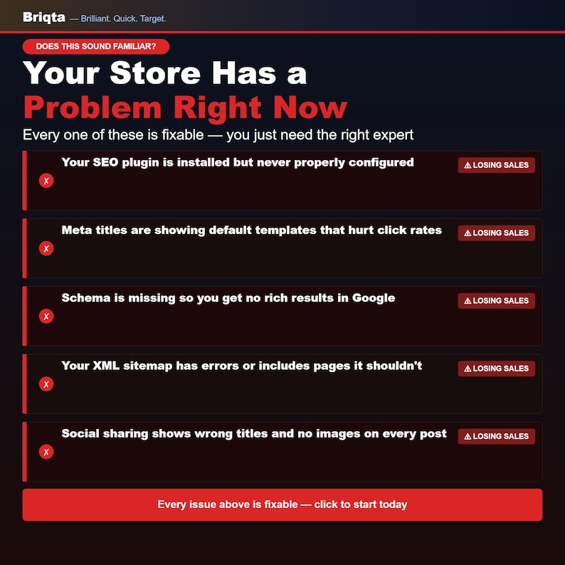 May include: A dark infographic titled Your Store Has a Problem Right Now, listing five common e-commerce SEO issues including unconfigured plugins, default meta titles, missing schema, XML sitemap errors, and social sharing problems, all marked as losing sales.