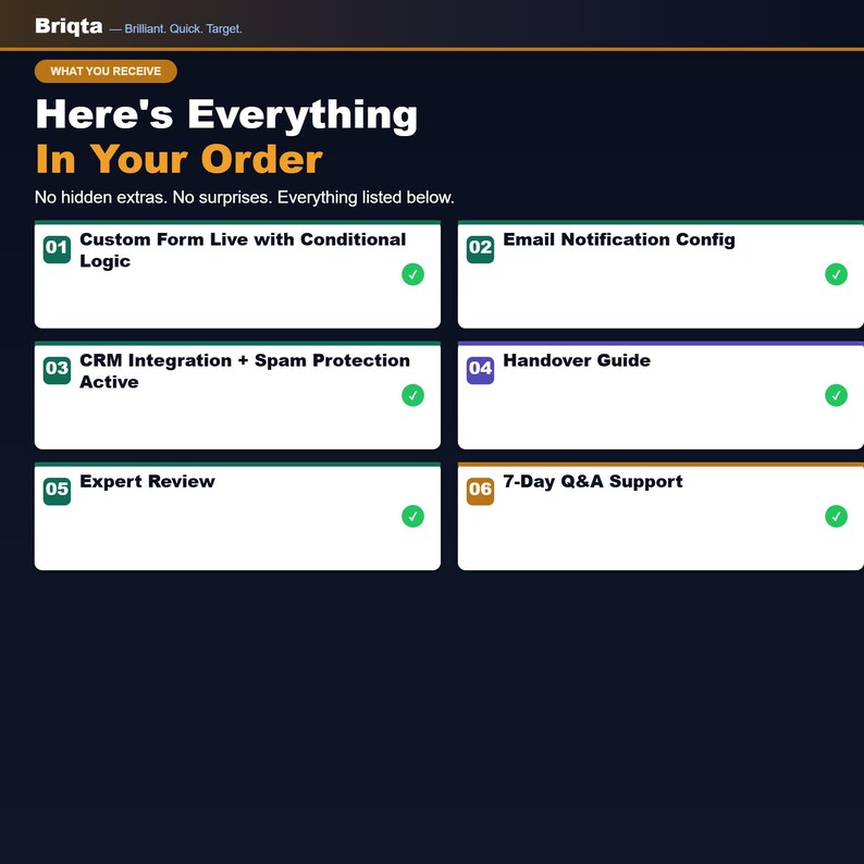 May include: A dark blue informational graphic titled Here's Everything In Your Order by Briqta. It lists six numbered services including Custom Form Live with Conditional Logic, Email Notification Config, CRM Integration, Handover Guide, Expert Review, and 7-Day Q&A Support, each marked with a green checkmark.