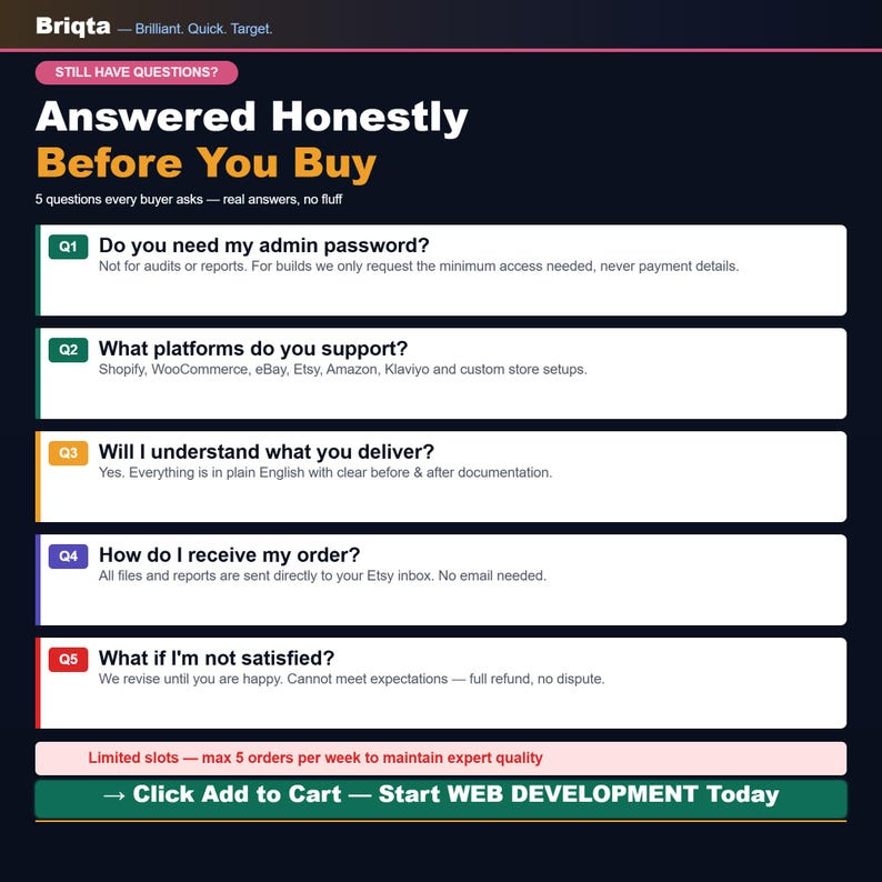 May include: A dark blue informational graphic titled Briqta Answered Honestly Before You Buy. It lists five frequently asked questions regarding web development services, including admin access, platform support, delivery methods, and satisfaction policies.