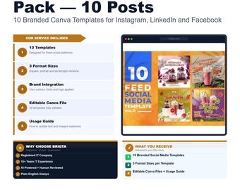Social Media Templates, 10 Branded Canva Posts for Instagram LinkedIn Facebook, Professional Business Graphics Design