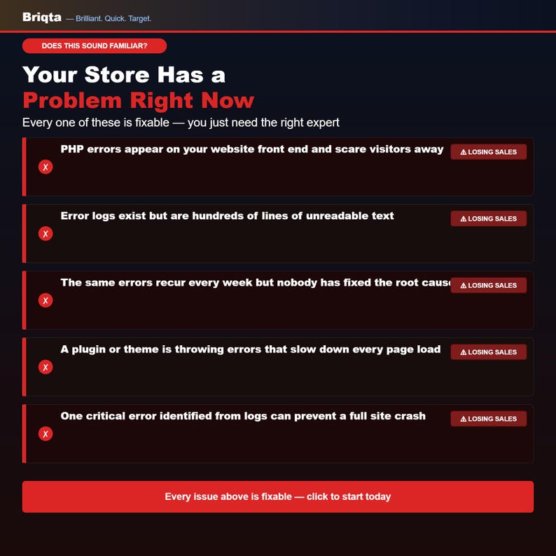 Puede incluir: Un gr&aacute;fico informativo con fondo oscuro titulado Your Store Has a Problem Right Now, que enumera cinco problemas t&eacute;cnicos comunes de sitios web. Cada punto incluye un icono de X roja y un bot&oacute;n Losing Sales, con un bot&oacute;n final rojo que dice Every issue above is fixable.