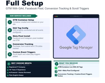Google Tag Manager Setup GTM, GA4 Integration, Facebook Pixel, Conversion Tracking, Scroll Triggers, E-commerce Tracking