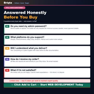 May include: A dark blue informational graphic titled Answered Honestly Before You Buy by Briqta. It lists five frequently asked questions regarding admin passwords, platform support, delivery, and satisfaction, ending with a call to action button.