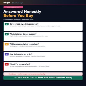 May include: A dark informational graphic titled Answered Honestly Before You Buy, featuring five numbered Q&A sections regarding service details, platform support, delivery methods, and satisfaction policies, ending with a call to action button.