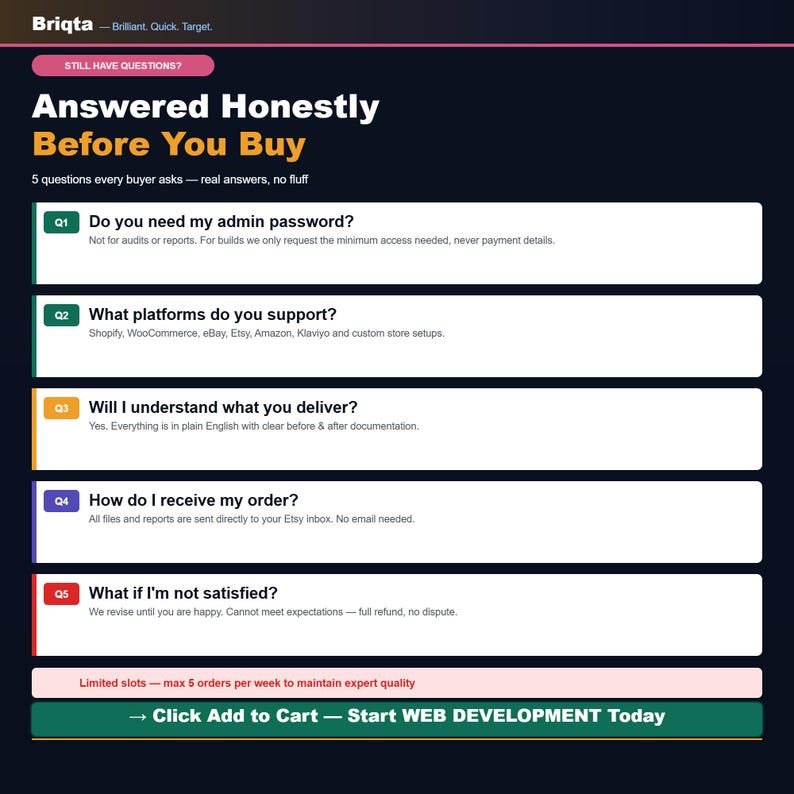 May include: A dark informational graphic titled Answered Honestly Before You Buy, featuring five numbered Q&A sections regarding service details, platform support, delivery methods, and satisfaction policies, ending with a call to action button.