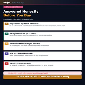 May include: A dark blue informational graphic titled Answered Honestly Before You Buy, featuring five numbered questions about e-commerce services, including admin passwords, supported platforms, delivery, order receipt, and satisfaction guarantees.