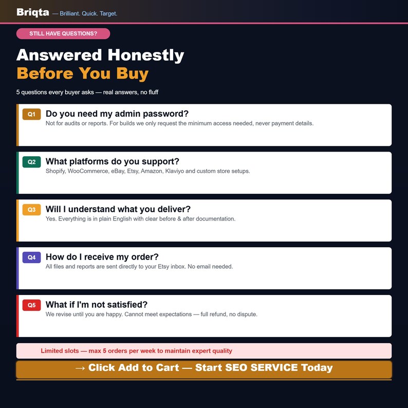 May include: A dark blue informational graphic titled Answered Honestly Before You Buy, featuring five numbered questions about e-commerce services, including admin passwords, supported platforms, delivery, order receipt, and satisfaction guarantees.