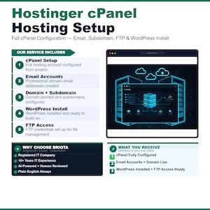 Könnte beinhalten: Eine Infografik mit dem Titel Hostinger cPanel Hosting Setup, die Dienstleistungen wie cPanel-Einrichtung, E-Mail-Konten, Domain- und Subdomain-Konfiguration, WordPress-Installation und FTP-Zugang sowie eine Grafik einer Serverschnittstelle beschreibt.