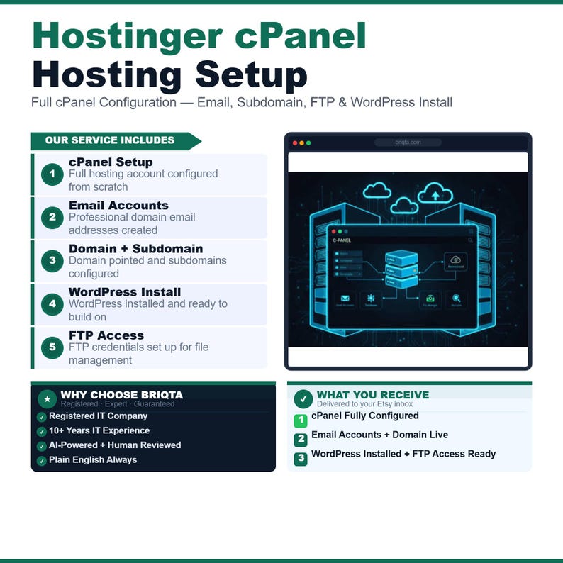 May include: An infographic titled Hostinger cPanel Hosting Setup detailing services including cPanel setup, email accounts, domain and subdomain configuration, WordPress installation, and FTP access, with a graphic of a server interface.