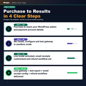May include: An infographic titled Purchase to Results in 4 Clear Steps by Briqta. It outlines a four-step process: 1. Purchase and share WordPress admin and payment details, 2. Install, configure and test gateway, 3. Activate live mode, 4. Delivery of live gateway, test report, email receipt config, and refund workflow.