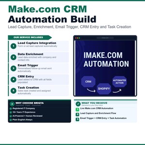 Puede incluir: Una infografía digital titulada Make.com CRM Automation Build que detalla servicios como captura de leads, enriquecimiento de datos, disparadores de correo, entrada en CRM y creación de tareas, con iconos de CRM y Shopify en un navegador.