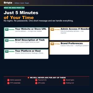 May include: An informational graphic for Briqta with a dark background. It lists five requirements for service: website URL, task description, platform, admin access, and brand preferences. It explicitly states they never ask for passwords or payment info.
