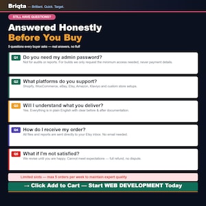 May include: A dark blue informational graphic titled Answered Honestly Before You Buy by Briqta. It lists five frequently asked questions regarding admin passwords, platform support, delivery, and satisfaction, ending with a call to action button.