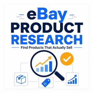 May include: A graphic design featuring the text eBay PRODUCT RESEARCH Find Products That Actually Sell. The image includes a magnifying glass over a rising bar chart, an orange circle with a white checkmark, and icons of a box, a tag, and a chart.