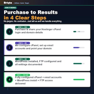 May include: An infographic titled Briqta Purchase to Results in 4 Clear Steps. It outlines a four-step process for web hosting setup, including sharing cPanel login details, configuring email and domain settings, installing WordPress, and final delivery.