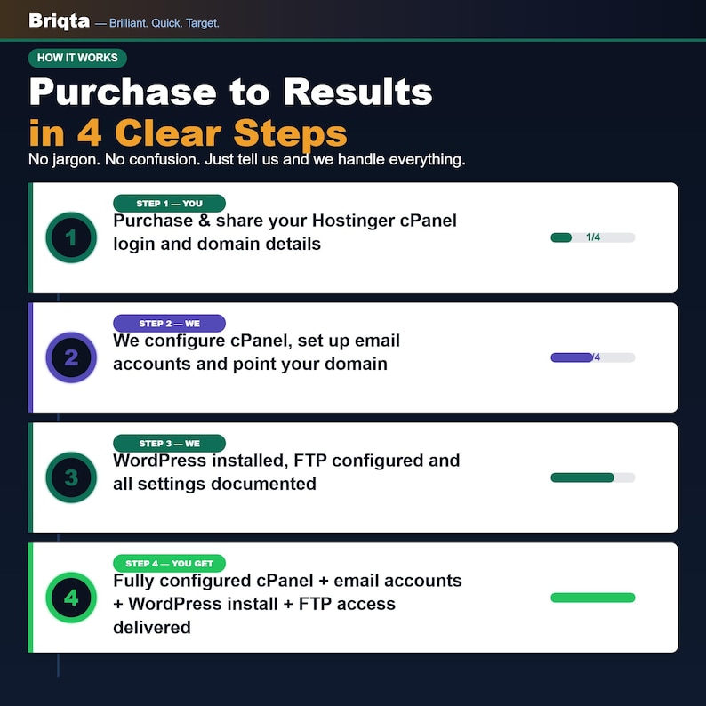 May include: An infographic titled Briqta Purchase to Results in 4 Clear Steps. It outlines a four-step process for web hosting setup, including sharing cPanel login details, configuring email and domain settings, installing WordPress, and final delivery.