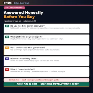 May include: A dark blue informational graphic titled Answered Honestly Before You Buy, featuring five numbered questions and answers regarding web development services, including platform support, delivery methods, and satisfaction policies.