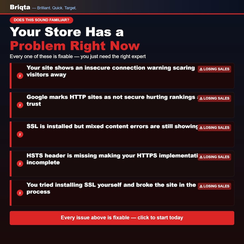 May include: A dark-themed infographic titled Your Store Has a Problem Right Now by Briqta. It lists five common website security issues, each marked with a red X and a Losing Sales badge, concluding with a red button stating Every issue above is fixable.