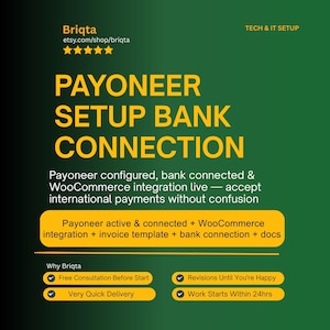 Guía de configuración de Payoneer, conexión bancaria, integración con WooCommerce, plantillas de facturas, configuración de la pasarela de pago.