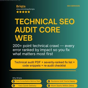 Technical SEO Audit, Core Web Vitals Fix List, Schema Markup, 200+ Checkpoint Crawl, Redirect Analysis, Site Speed Report